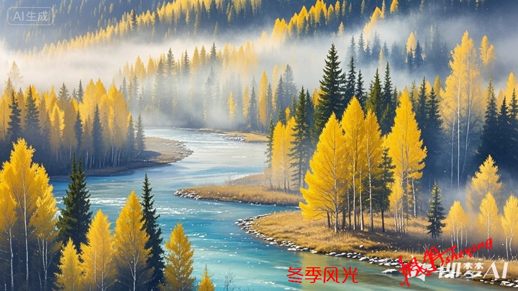 jimeng-2026-01-02-1868-水彩风格的喀纳斯秋景，晨雾缭绕的河谷，金黄桦树与深绿松针.jpg