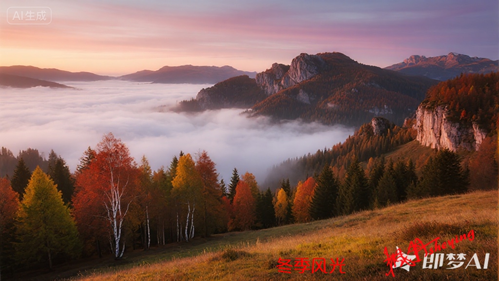 jimeng-2026-01-05-3483-秋日云海山巅，彩林（红、橙、黄、绿树木错落，如锦缎铺展，.jpg