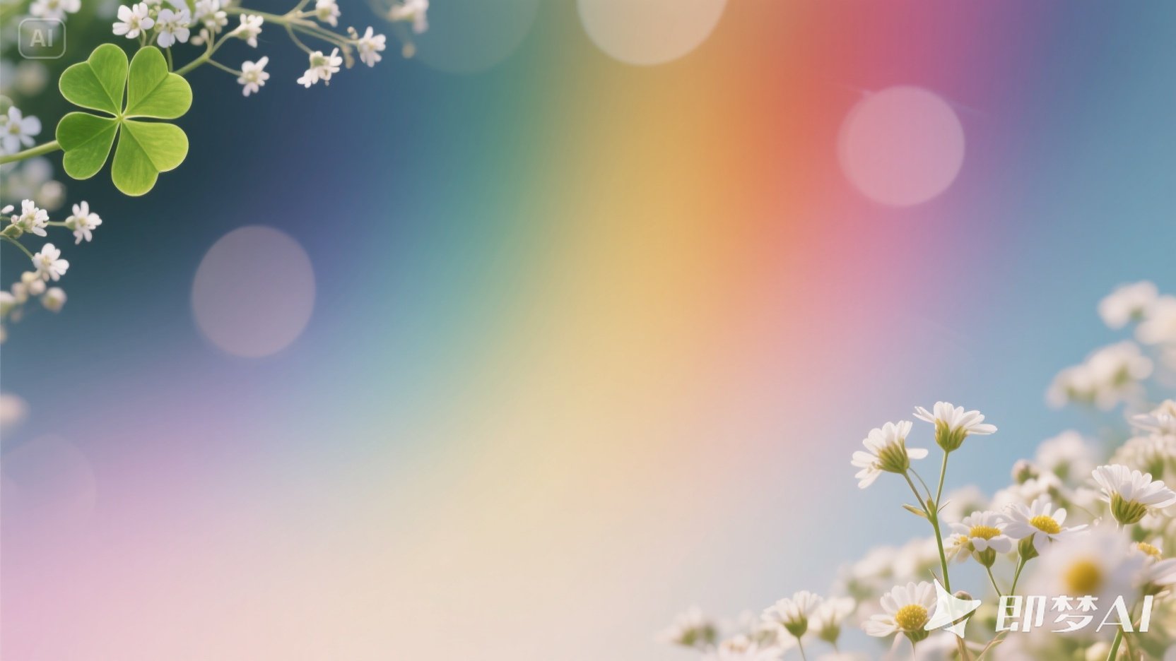 jimeng-2025-07-09-9139-背景为模糊的七色渐变 。带少许光斑，左上角右下角四叶草和满.jpeg